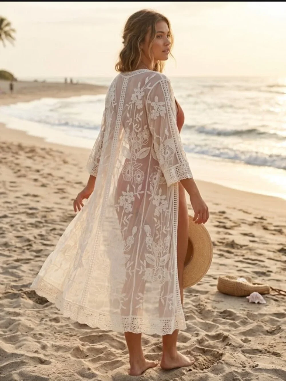Lane Bryant 26/28 Cream Floral Lace Kimono Duster Boho Beach Cover Up Festival